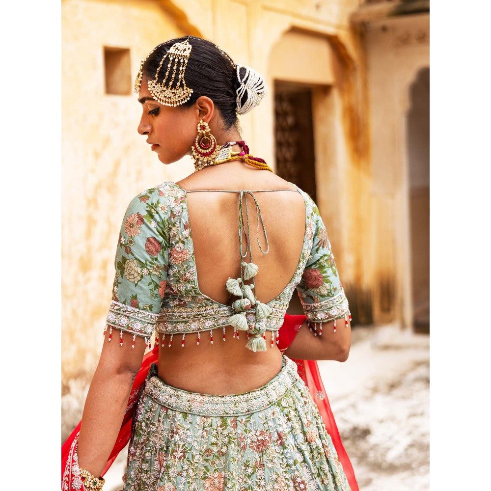 Aangan by Parul Green Radiant Vermilion Lehenga with Blouse and Dupatta (Set of 3)