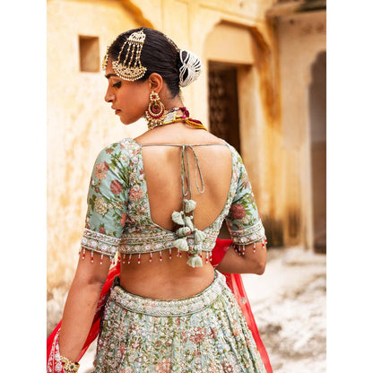 Aangan by Parul Green Radiant Vermilion Lehenga with Blouse and Dupatta (Set of 3)