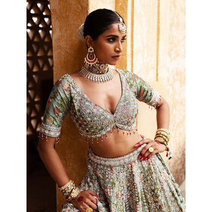 Aangan by Parul Green Radiant Vermilion Lehenga with Blouse and Dupatta (Set of 3)