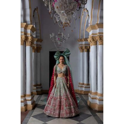 Aangan by Parul Green Radiant Vermilion Lehenga with Blouse and Dupatta (Set of 3)