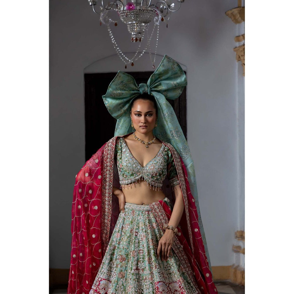 Aangan by Parul Green Radiant Vermilion Lehenga with Blouse and Dupatta (Set of 3)