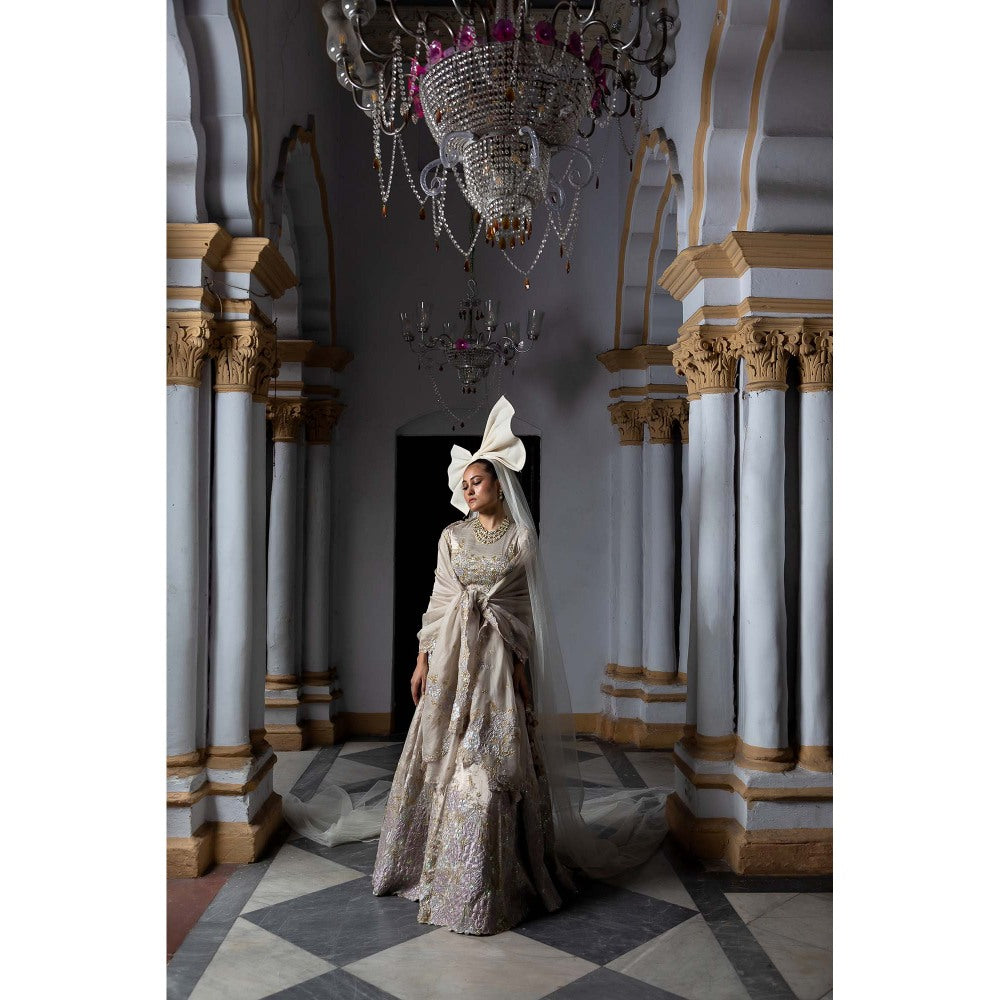 Aangan by Parul Taupe Moonlit Sonata Lehenga with Blouse and Dupatta (Set of 3)