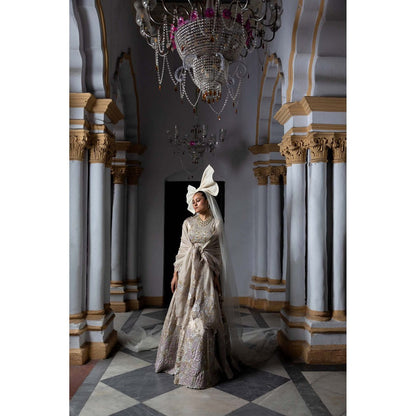 Aangan by Parul Taupe Moonlit Sonata Lehenga with Blouse and Dupatta (Set of 3)