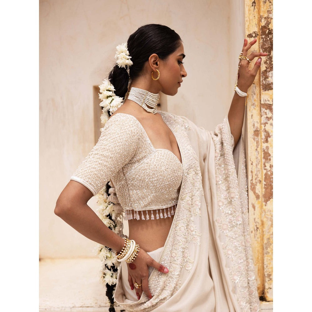 Aangan by Parul Ivory Gossamer Grace Saree with Stitched Blouse and Petticoat