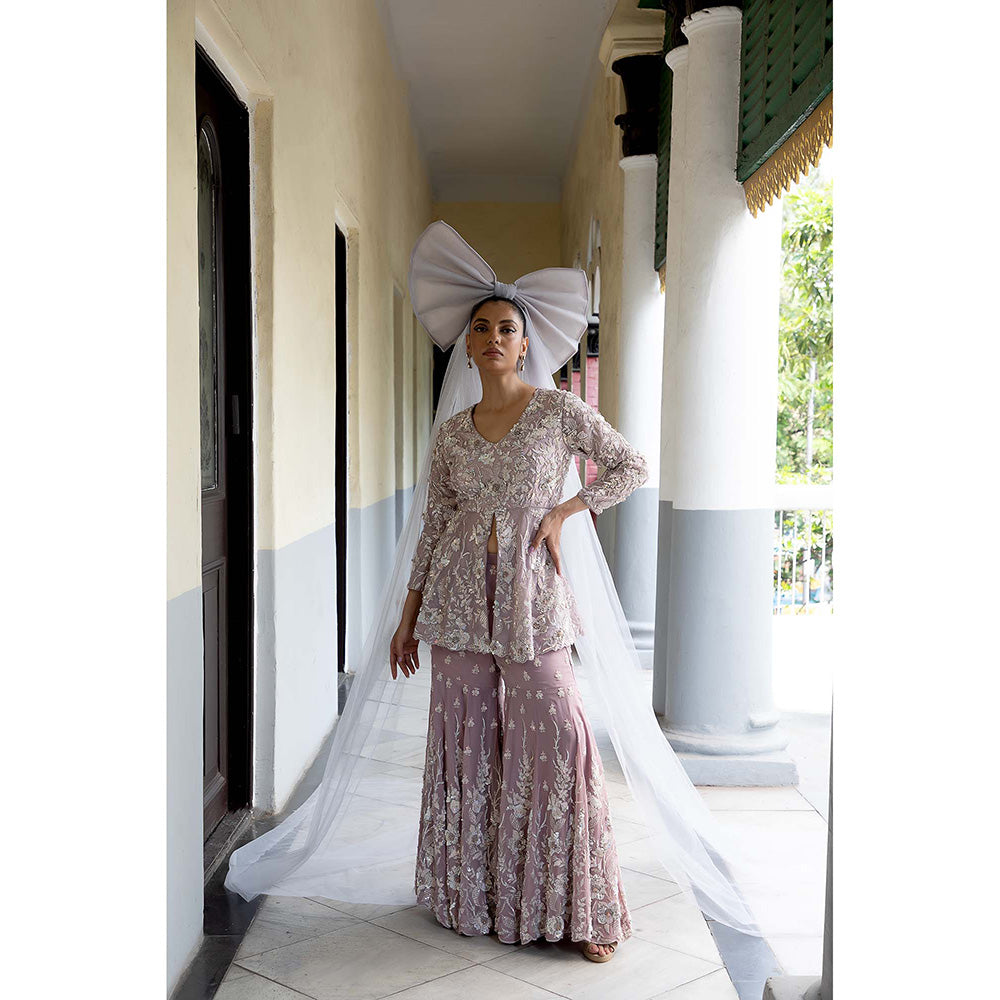 Aangan by Parul Mauve Celestial Spires Sharara with Top and Dupatta (Set of 3)