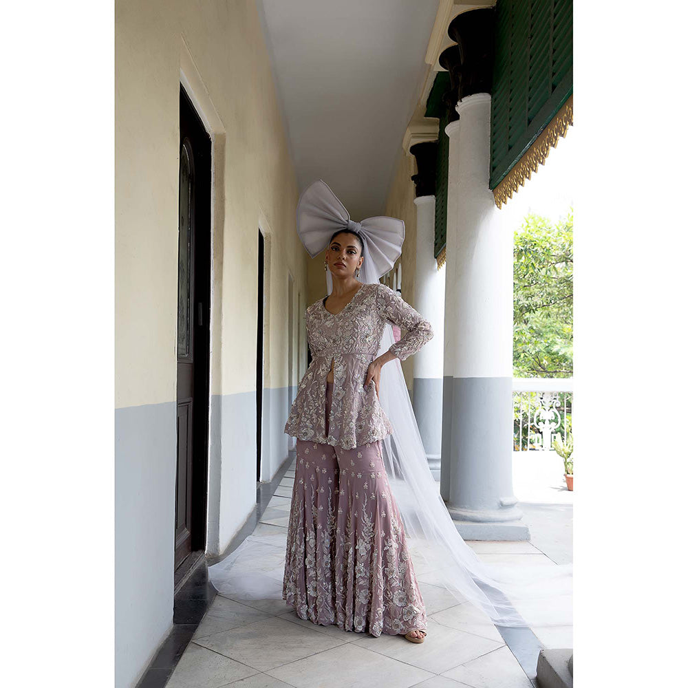 Aangan by Parul Mauve Celestial Spires Sharara with Top and Dupatta (Set of 3)