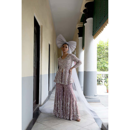 Aangan by Parul Mauve Celestial Spires Sharara with Top and Dupatta (Set of 3)