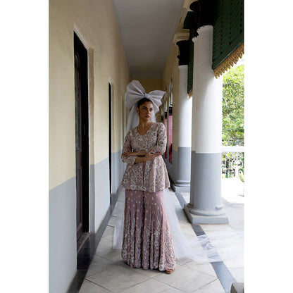 Aangan by Parul Mauve Celestial Spires Sharara with Top and Dupatta (Set of 3)