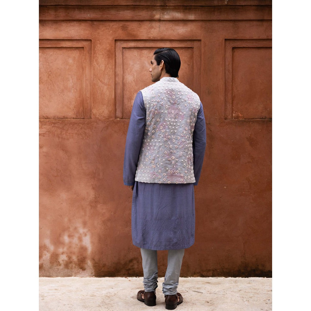 Aangan by Parul Blue Grandeur Kurta with Churidar and Nehru Jacket (Set of 3)