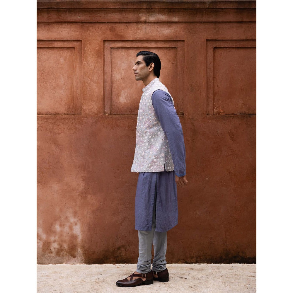 Aangan by Parul Blue Grandeur Kurta with Churidar and Nehru Jacket (Set of 3)