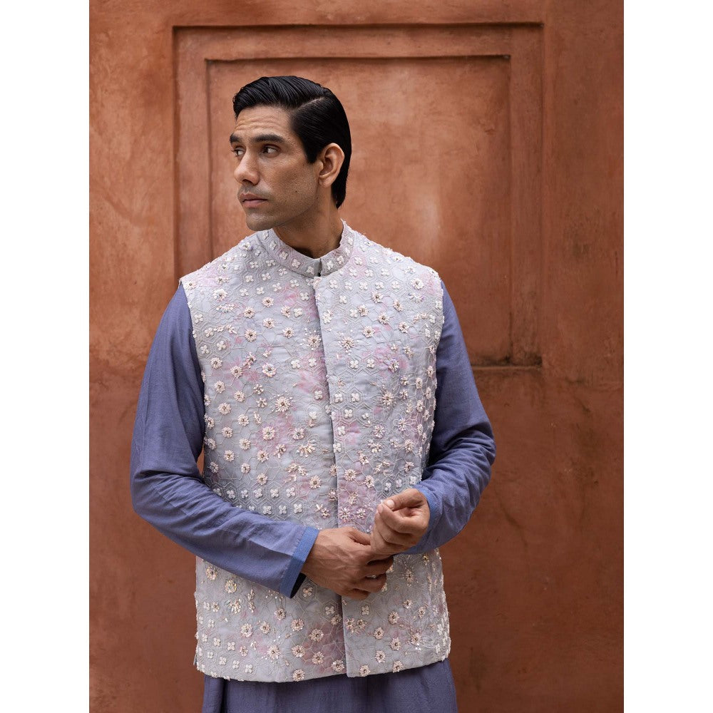 Aangan by Parul Blue Grandeur Kurta with Churidar and Nehru Jacket (Set of 3)