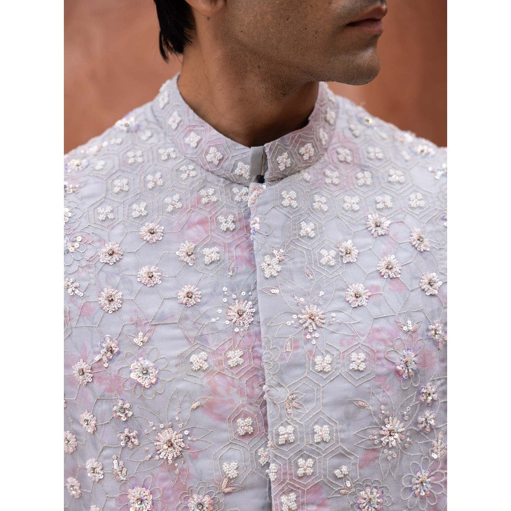 Aangan by Parul Blue Grandeur Kurta with Churidar and Nehru Jacket (Set of 3)