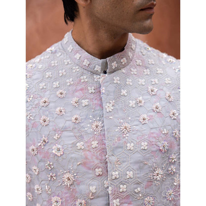 Aangan by Parul Blue Grandeur Kurta with Churidar and Nehru Jacket (Set of 3)