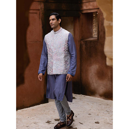 Aangan by Parul Blue Grandeur Kurta with Churidar and Nehru Jacket (Set of 3)