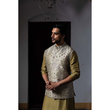 Aangan by Parul Olive Tapestry Kurta with Churidar and Nehru Jacket (Set of 3)