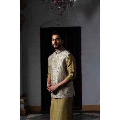 Aangan by Parul Olive Tapestry Kurta with Churidar and Nehru Jacket (Set of 3)