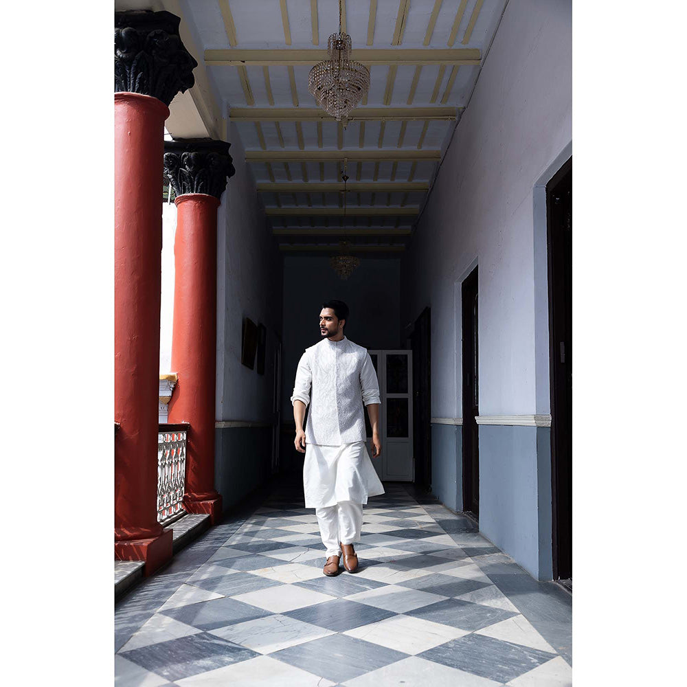 Aangan by Parul White Valor Kurta with Churidar and Nehru Jacket (Set of 3)