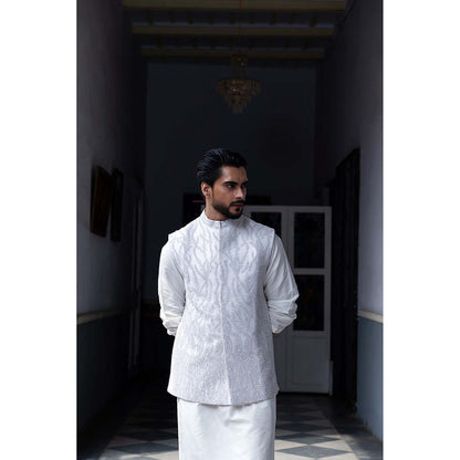 Aangan by Parul White Valor Kurta with Churidar and Nehru Jacket (Set of 3)
