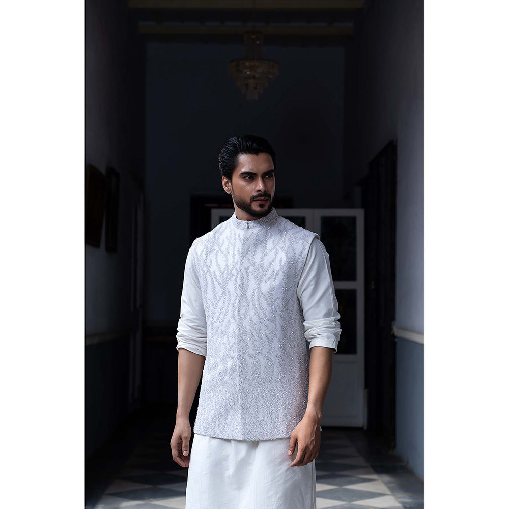 Aangan by Parul White Valor Kurta with Churidar and Nehru Jacket (Set of 3)