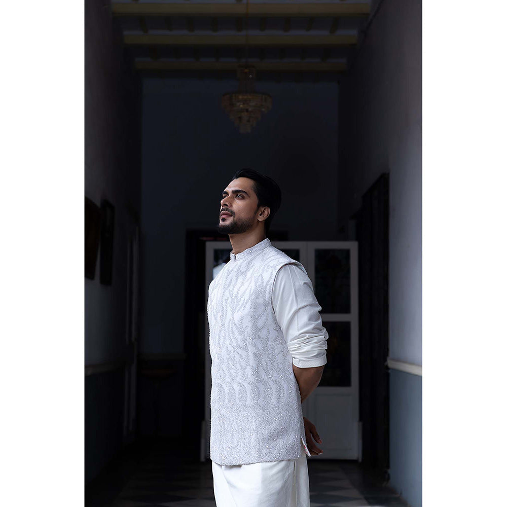 Aangan by Parul White Valor Kurta with Churidar and Nehru Jacket (Set of 3)