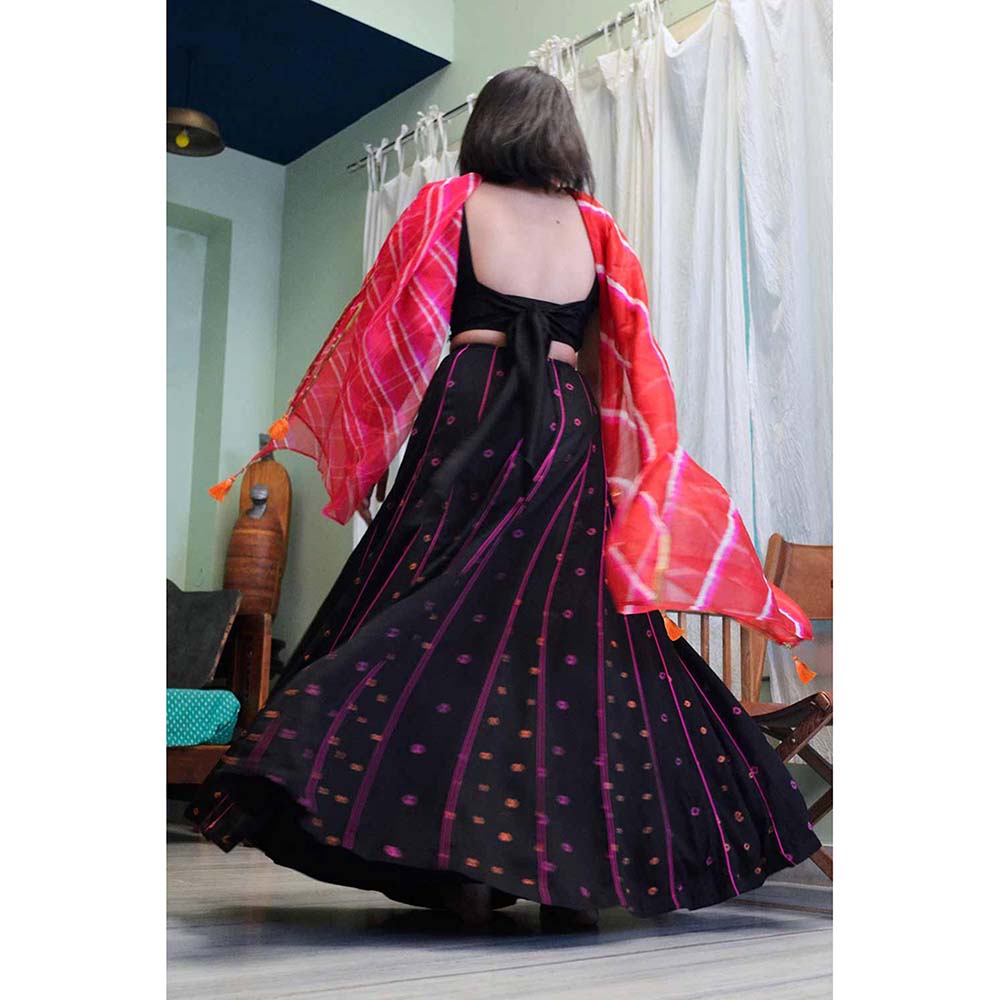 Aapro Label Black Bandhej Blouse With Lehenga & Dupatta (Set of 3)
