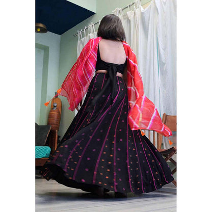 Aapro Label Black Bandhej Blouse With Lehenga & Dupatta (Set of 3)