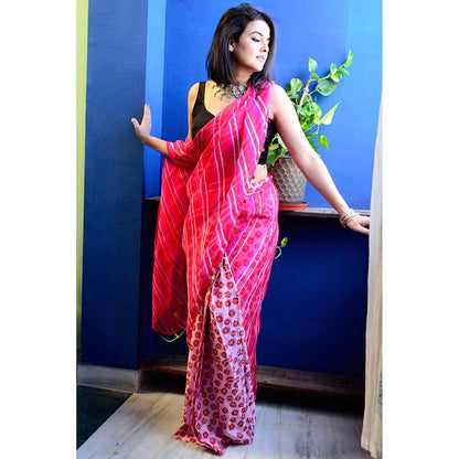 Aapro Label Pink Leheriya Pre Draped Saree With Stitched Blouse