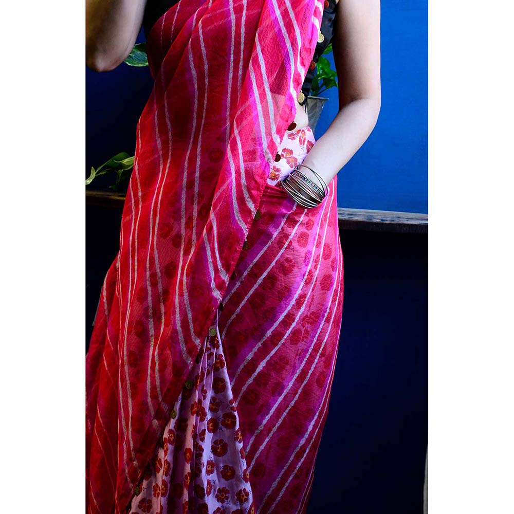 Aapro Label Pink Leheriya Pre Draped Saree With Stitched Blouse