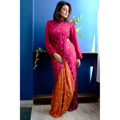 Aapro Label Orange Bandhej Saree With Stitched Blouse