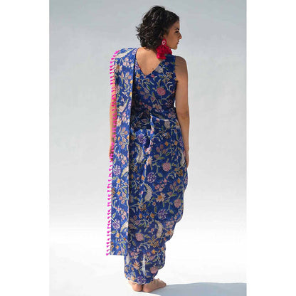 Aapro Label Blue Saree With Stitched Blouse