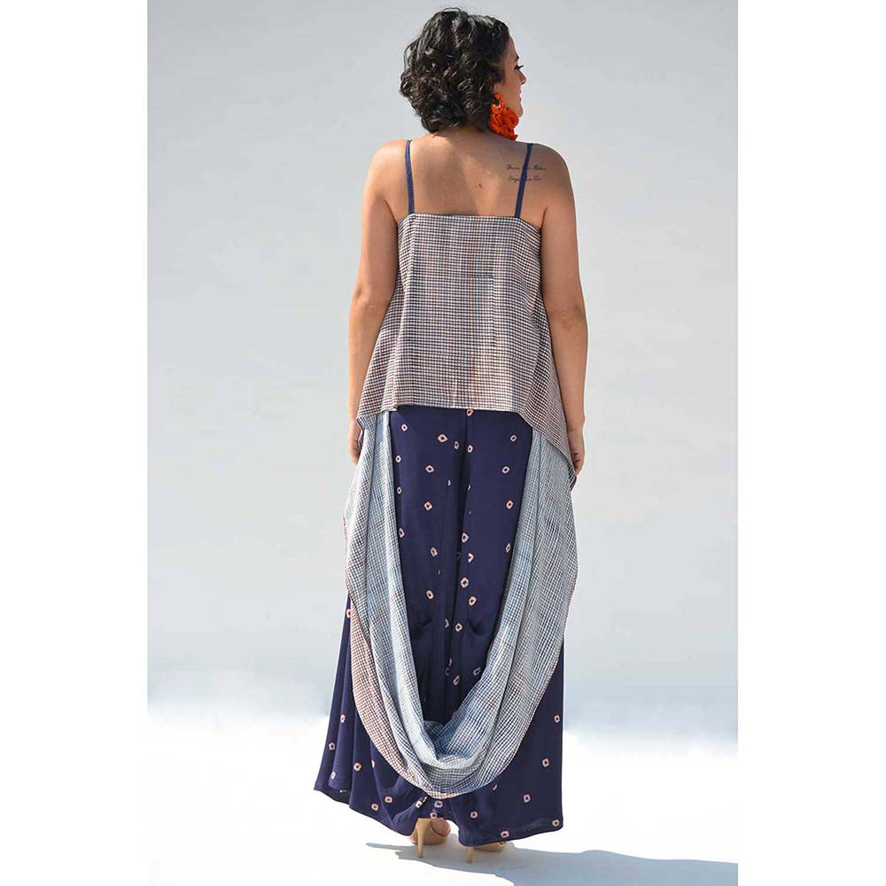 Aapro Label Blue Bandhej Draped Pant With Block Printed Loop Top (Set of 2)