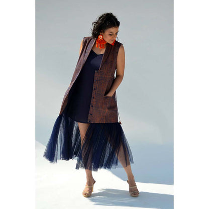 Aapro Label Blue Block Printed Tulle Jacket