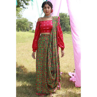 Aapro Label Green Cowl Skirt Saree With Off Shoulder Top (Set of 2)