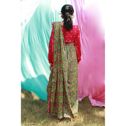 Aapro Label Green Cowl Skirt Saree With Off Shoulder Top (Set of 2)