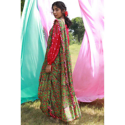 Aapro Label Green Cowl Skirt Saree With Off Shoulder Top (Set of 2)