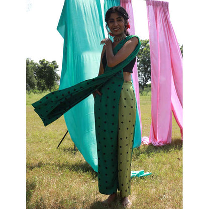 Aapro Label Bandhej Saree Pants - Green