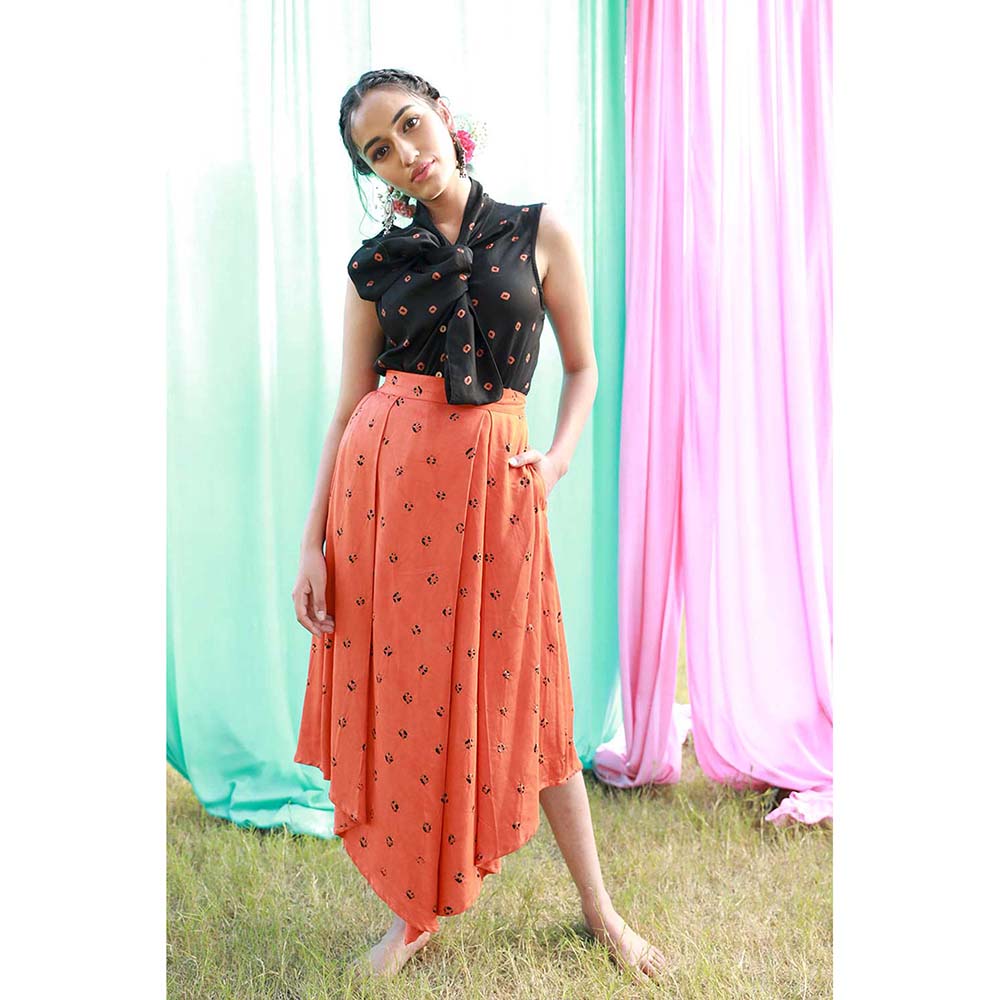 Aapro Label Bandhej Asymmetrical Pleated Skirt with Bow Shirt -Multi-Color (Set of 2)