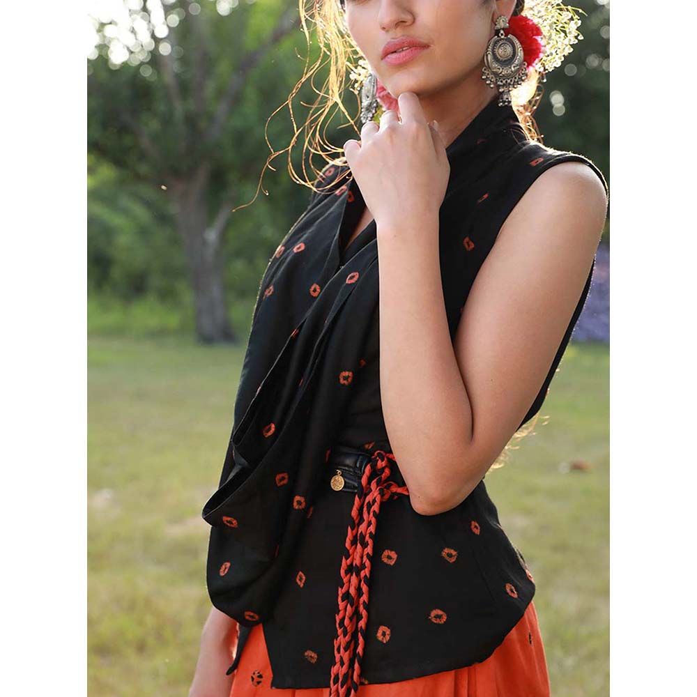 Aapro Label Bandhej Asymmetrical Pleated Skirt with Bow Shirt -Multi-Color (Set of 2)