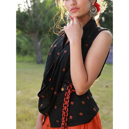 Aapro Label Bandhej Asymmetrical Pleated Skirt with Bow Shirt -Multi-Color (Set of 2)