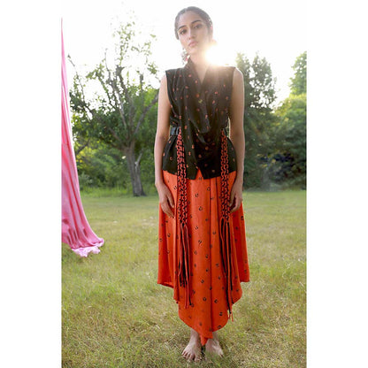 Aapro Label Bandhej Asymmetrical Pleated Skirt with Bow Shirt -Multi-Color (Set of 2)