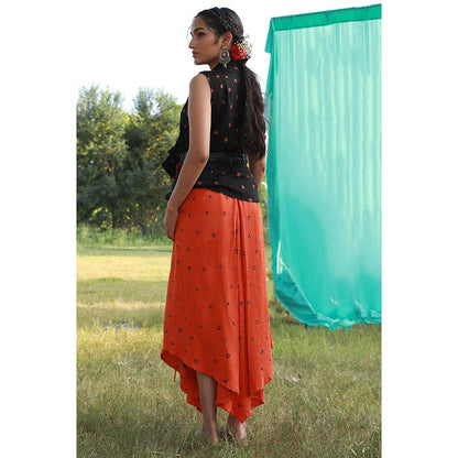 Aapro Label Bandhej Asymmetrical Pleated Skirt with Bow Shirt -Multi-Color (Set of 2)