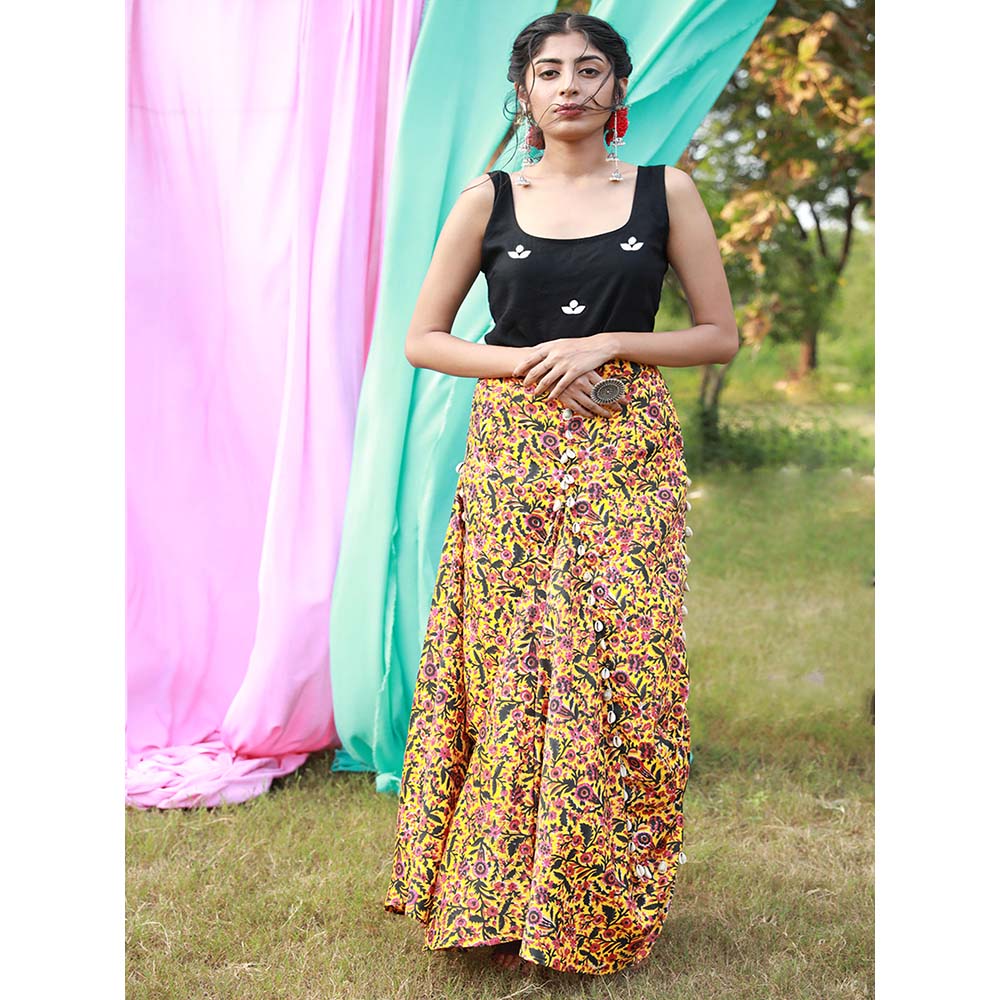 Aapro Label Block Printed Box Panel Skirt - Multi-Color