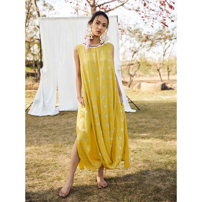 Aapro Label Bandhej Boxy Draped Dress - Yellow