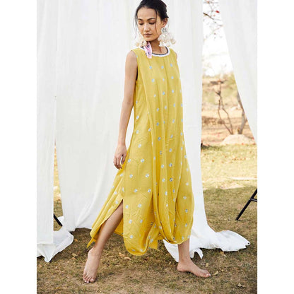 Aapro Label Bandhej Boxy Draped Dress - Yellow