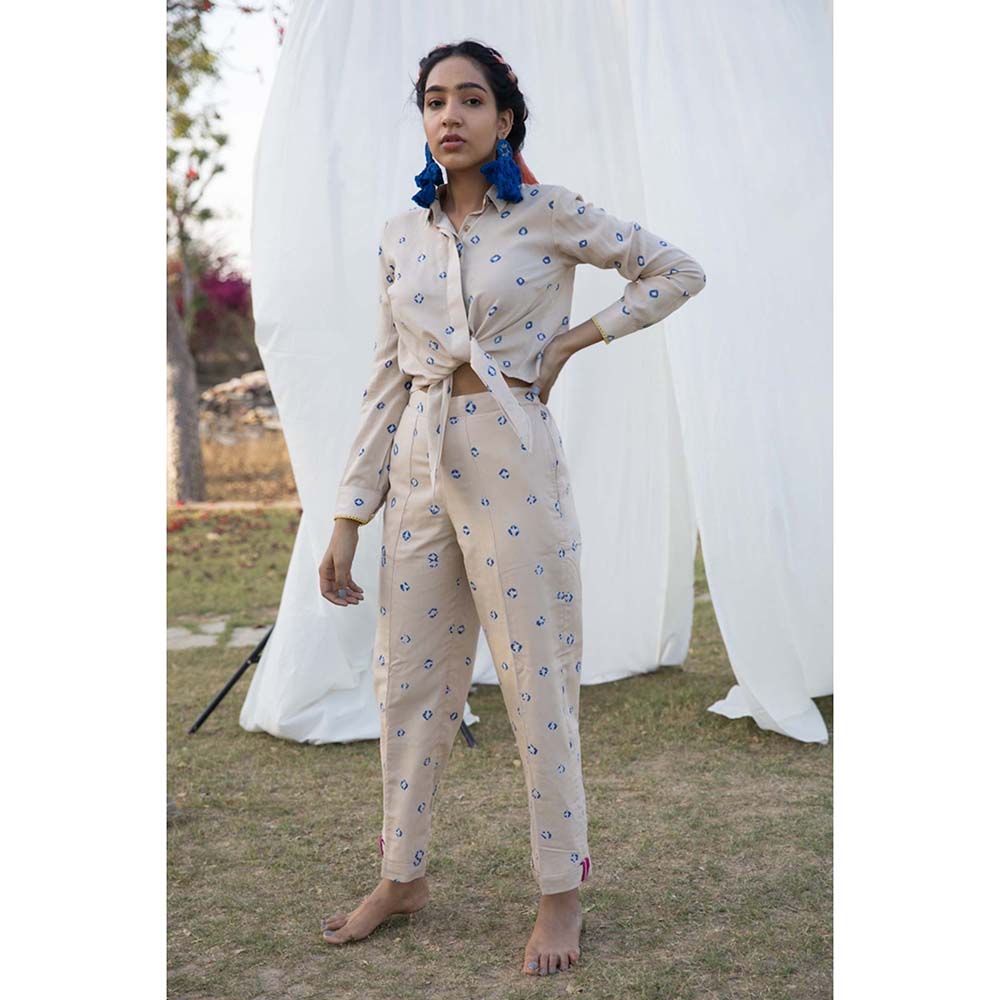 Aapro Label Bandhej Tie-Up Shirt and Pant Co-Ord -Beige (Set of 2)