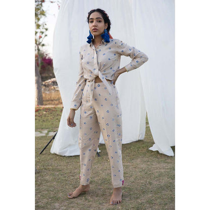 Aapro Label Bandhej Tie-Up Shirt and Pant Co-Ord -Beige (Set of 2)