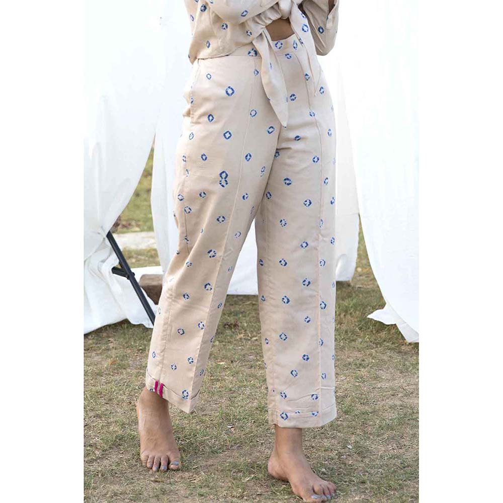 Aapro Label Bandhej Tie-Up Shirt and Pant Co-Ord -Beige (Set of 2)