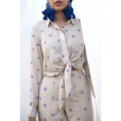 Aapro Label Bandhej Tie-Up Shirt and Pant Co-Ord -Beige (Set of 2)