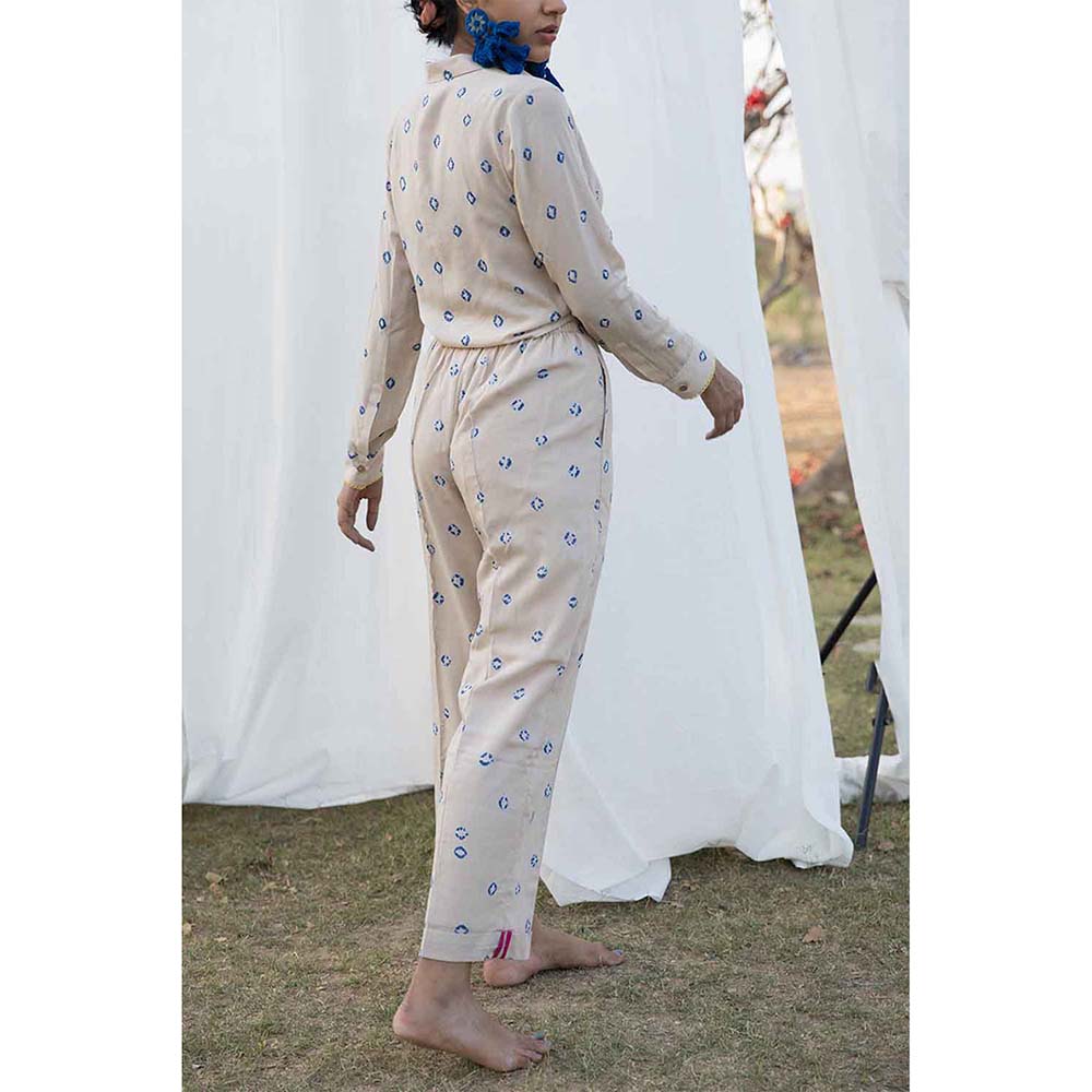 Aapro Label Bandhej Tie-Up Shirt and Pant Co-Ord -Beige (Set of 2)