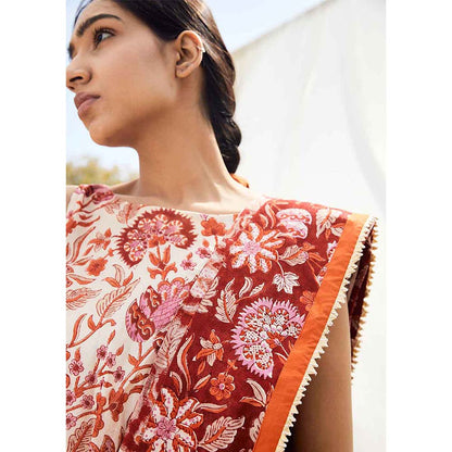 Aapro Label Block Printed Red Saree Dress